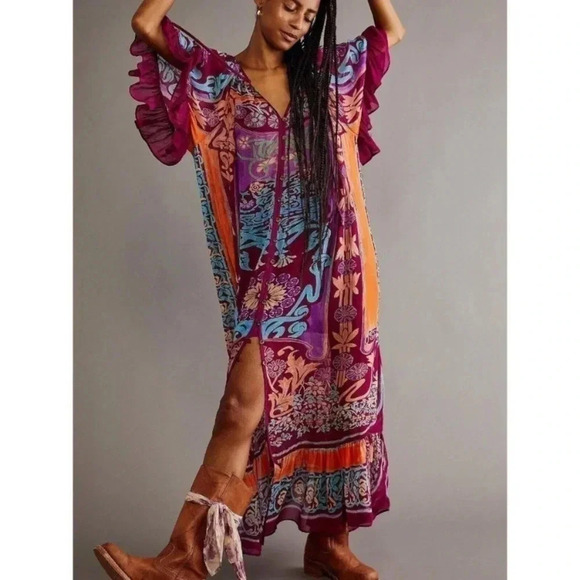 NWT Free People Back to Barcelona Kaftan Duster Kimono Maxi Dress Boho Printed - Picture 1 of 17
